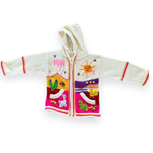 Peruvian Wool Knitted Sweater with hoodie for babies & toddlers, Unisex, Chompas Peruanas, fall winter sweater - color: White and Pink, size: 6