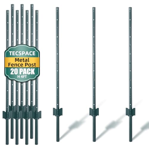 TECSPACE Metal Fence Post, 4 ft Heavy Duty U-Post with Anchor Plate and Adjustable Tabs, Rust-Proof Steel Stakes for Garden, Farm, Lawn, 20 Pack (4 FT 20PCS) - size: 4 FT 20PCS