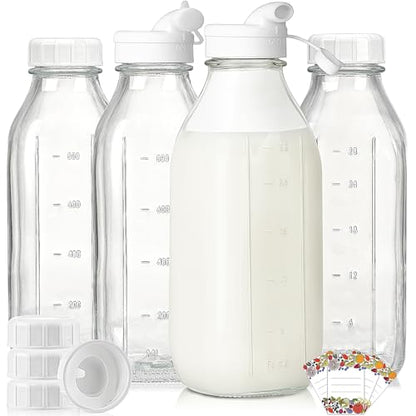 Syntic 4 Pack 32 Oz Glass Milk Bottles with Lids,Scale Marks,2 Pour Spouts - style: wide-mouthed