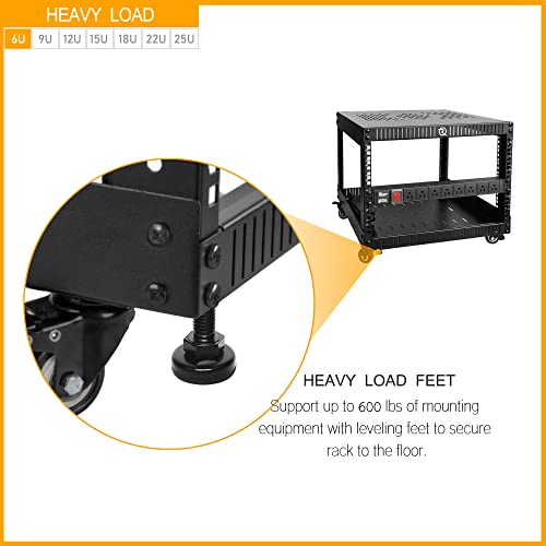 RIVECO 6U Network Rack with Reinforced Top & Bottom Vented Plates- 4 Rolling Wheels Floor Standing Rack for 19" Equipment & Stereo Gear- Including Basic Rail Mount PDU Power Strip - size: 6U