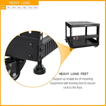 RIVECO 6U Network Rack with Reinforced Top & Bottom Vented Plates- 4 Rolling Wheels Floor Standing Rack for 19" Equipment & Stereo Gear- Including Basic Rail Mount PDU Power Strip - size: 6U