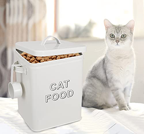 Pethiy Cat Food and Treats Containers Set with Scoop for Cats or Dogs -Tight Fitting Wood Lids - Coated Carbon Steel - Storage Canister Tins-Cat-White - color: White(CAT FOOD)