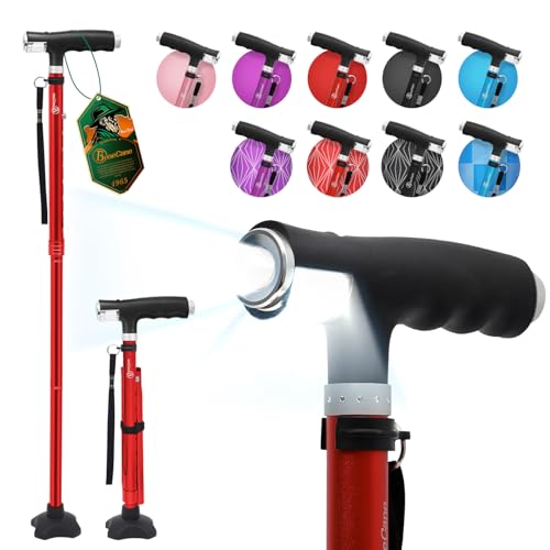 BeneCane Walking Cane for Women Folding Cane for Men with Two Led Lights Quad Cane with Stable Base Lightweight and Adjustable Walking Stick - color: Red