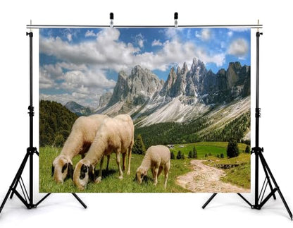 5x3ft Grass Sheep Mountain Backdrop White Wool Sheep Green Alpine Trail Sharp Rock Peak Cloudy Sky Photography Background Tapestry Party Pastoral Mountain Decorations Photo Booth Props - size: 5x3ft