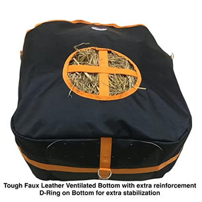 Majestic Ally Nylon Hay Feeder Tote Bag for Horse, Goat, Sheep - Double Sides Open Feed Hole with Faux Leather Ventilated Bottom- Premium Quality -Simulates Grazing - Reduces Waste (Black) - color: Black