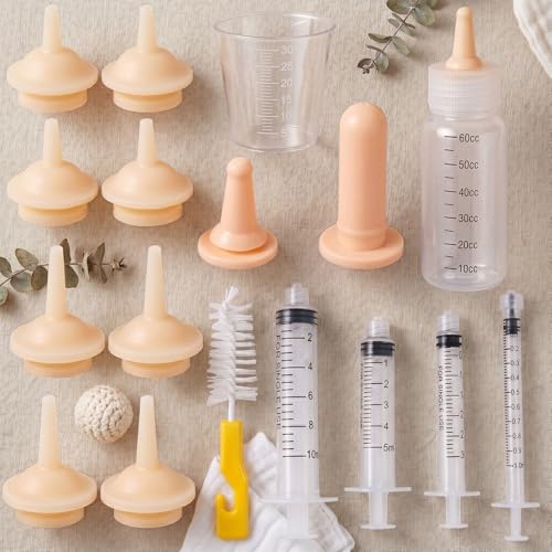 SYNLIN Newborn Pet Feeding Kit, 60cc Nursing Bottle + Multiple Oral Feeders + 10 Silicone Nipples + Cleaning Brush, Milk Feeding Tool Set for Puppy Kitten Hamster Rabbit Small Pets