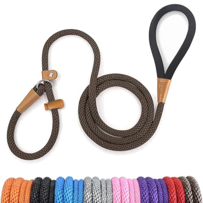 Dog Leash Slip Lead Braided Rope Pet Training Loop Leashes 5ft 6ft 8ft | Strong Heavy Duty 1/2" 3/8", Durable Padded Handle No Pull Basic Training Nylon Lead,Small Medium Large Dogs Puppy - color: Brown