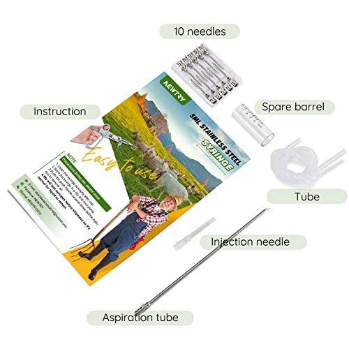 NEWTRY 5ml Livestock Syringe, Continuous Adjustable Animal Syringe | Stainless Steel, for Cattle Sheep Pig Goat Adjustable Dose Lightweight with10 needles & a hose