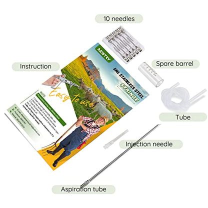 NEWTRY 5ml Livestock Syringe, Continuous Adjustable Animal Syringe | Stainless Steel, for Cattle Sheep Pig Goat Adjustable Dose Lightweight with10 needles & a hose