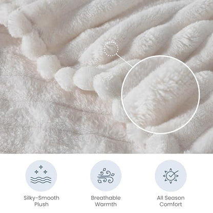 Berkshire Ribbed VelvetLoft® Throw – 330gsm Medium Weight Plush, Extra Soft & Warm Plush Throw Blanket for Bedroom, Couch, Travel – Durable & Easy Care(Goose Egg, Throw Size 50" x 60") - color: Goose Egg, size: Throw (50 in x 60 in)