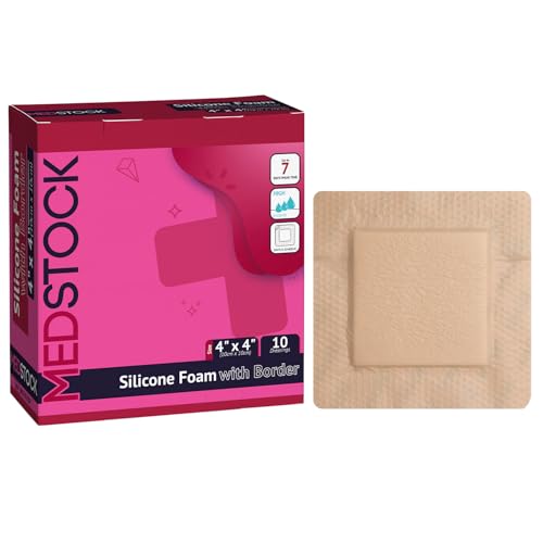 MEDSTOCK Silicone Foam Dressing with Border, 4"x4" (Pack of 10), Wound Care, Super Absorbent, Atraumatic Removal, Five Layers, Waterproof, Seals Wound Edges, No Adhesion Loss - size: 4"x4" (Pack of 10)