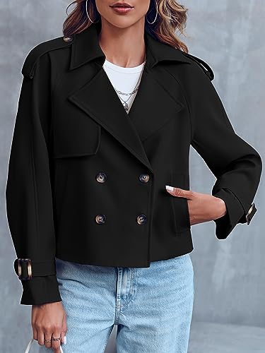 Saodimallsu Women Crop Double Breasted Trench Coat Short Cropped Jacket - color: Black, size: Medium