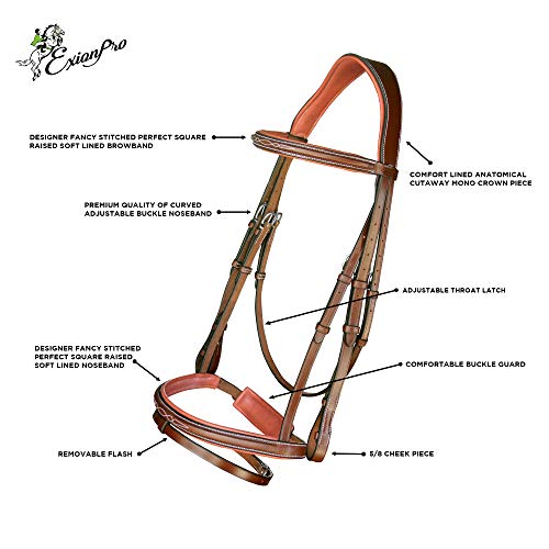 Exion Horse Snaffle Jumping Bridle with Removable Flash & Rubber Reins | Anatomical MonoCrown, Padded Noseband, Fancy Stitched Browband | English Bridle - color: Conker (Tan Brown), size: Cob (Medium Size)
