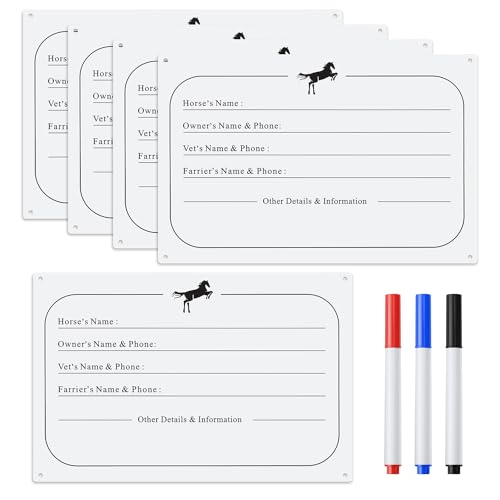 5pcs Horse Stall Name Plaque, 12x8 Inch Dry Erase Horse Stall Sign Card with 3 Writing Tools Horse Accessories for Horse Barn Door Wall Plate Decoration Supplies