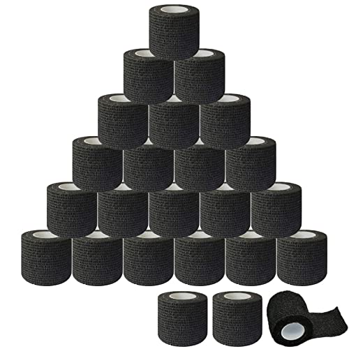 Self-Adherent Grip Tape Wrap - Lyuxzad 24 Pack Cohesive Bandage Wrap 2" x 5 Yards Machine Wrap Cover Elastic Bandage Rolls Self Adhesive Tape Strong Sports Tape Black Bandage Rolls Athletic Tape - size: 24pcs