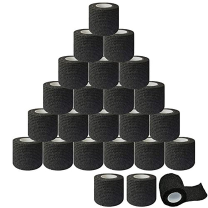 Self-Adherent Grip Tape Wrap - Lyuxzad 24 Pack Cohesive Bandage Wrap 2" x 5 Yards Machine Wrap Cover Elastic Bandage Rolls Self Adhesive Tape Strong Sports Tape Black Bandage Rolls Athletic Tape - size: 24pcs