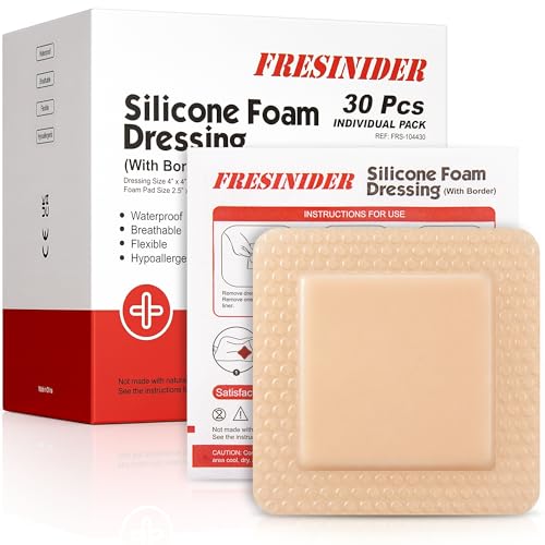 FRESINIDER Silicone Foam Dressing 4" x 4", 30 Pack – Soft Silicone Wound Dressing Pads for Bed Sores & Pressure Ulcers, Post-Surgery Care, Absorbent, Breathable & Gentle on Skin - color: 4" X 4", 30 Pack