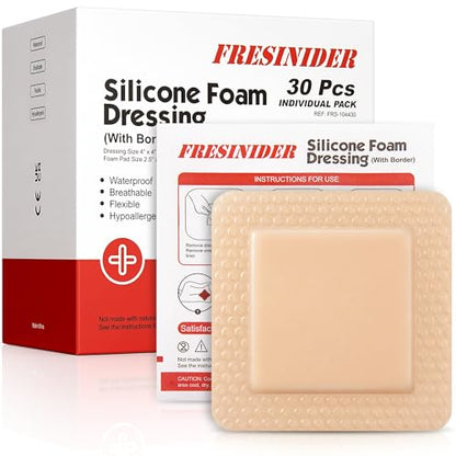 FRESINIDER Silicone Foam Dressing 4" x 4", 30 Pack – Soft Silicone Wound Dressing Pads for Bed Sores & Pressure Ulcers, Post-Surgery Care, Absorbent, Breathable & Gentle on Skin - color: 4" X 4", 30 Pack