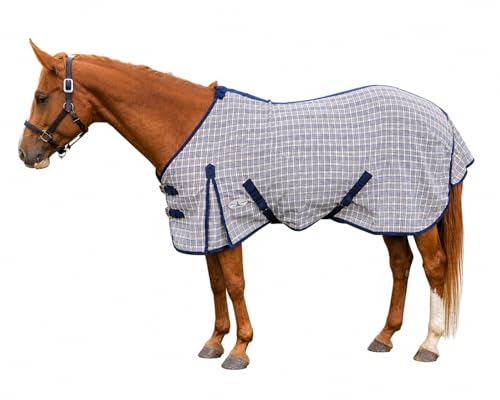 Navy Beige Plaid Horse Stable Sheet with Front Gussets, Lightweight Polyester Sheet for Horses, Travel, Stable & Show Use (Navy Beige Plaid, 76") - size: 76"