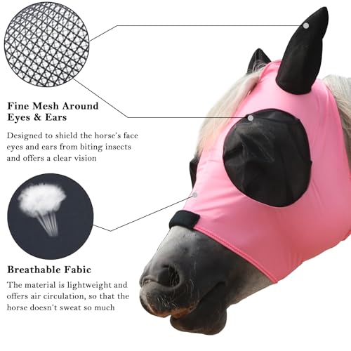 Stretchy Horse Fly Mask with Ears, Large Eye Space Pink Cob - color: Pink, size: Cob