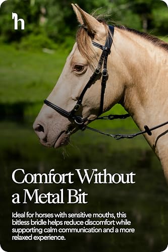 HORZE Genuine Leather Cross-Under Bitless Bridle | Includes Web Reins with Hand Stops - size: Cob