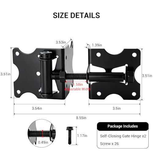 Self Closing Gate Hinges, 90 Degree Adjustable Hinges, Black, 2 Pack