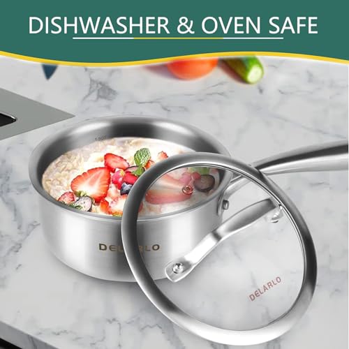 DELARLO Full-body Clad Tri-ply Stainless Steel 1.5 Quart Saucepan with Lid - color: Silver, size: 1.5QT/SS