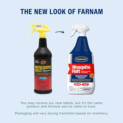 Farnam Mosquito Halt Repellent Spray for Horses, 32 oz | Bug repellent spray kills and repels; Also repels face flies, stable flies, house flies, gnats, mites, chiggers and lice - size: 32 Fl Oz (Pack of 1)