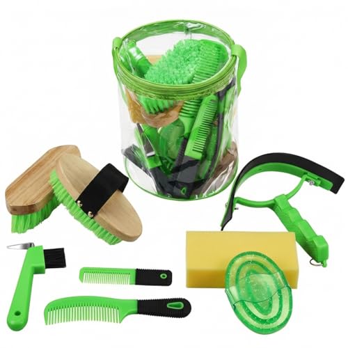 Cunhill 9 Pcs Horse Grooming Kit with Bag Curry Brushes,Cute,Green - color: Green, style: Cute