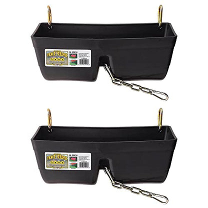 Little Giant FF16BLACK 9 Quart Heavy Duty Plastic Feed Trough Bucket Fence Feeder with Clips for Livestock & Pets, Black (2 Pack)