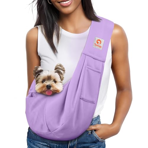Tomkas Small Dog Cat Sling Carrier Puppy Purse Travel Wrap Soft Crossbody Pet Bag (Light purplr, M - Classic Pocket & Classic Strap) - color: Light purple