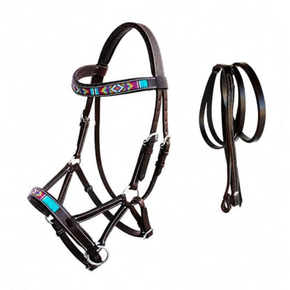 CHALLENGER Horse Western Black Leather Beaded Bitless Padded Sidepull Bridle w/Reins 77RS15 - color: Brown/Beaded