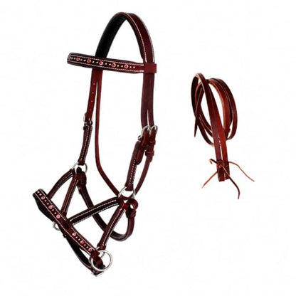 Horse Western Leather Beaded Bitless Sidepull Bridle Reins Rhinestone - color: Mahogany/Pink