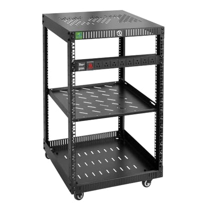 RIVECO 15U Network Rack with Reinforced Top Cover - 4 Post Floor Rack on Wheels for 19" Equipment & Stereo Gear- Including Rack Mount Power Strip & 1PCS 1U Rack Shelf - size: 15U