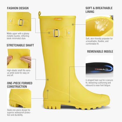HISEA Women Rain Boots Slim Calf Tall Waterproof Tight PVC Rubber Rainboots - color: Yellow-slim Calf, size: 6