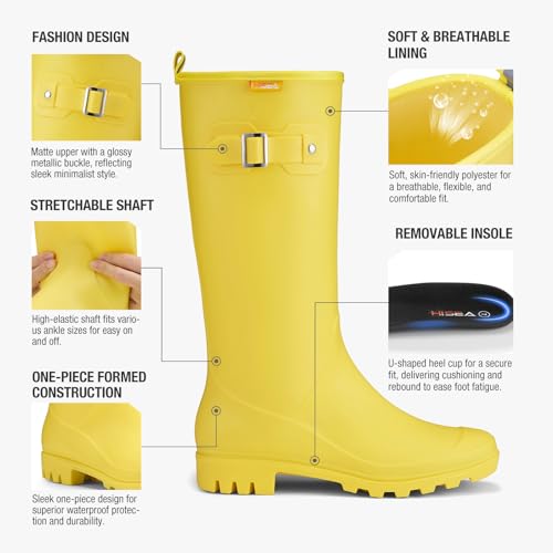 HISEA Women Rain Boots Slim Calf Tall Waterproof Tight PVC Rubber Rainboots - color: Yellow-slim Calf, size: 7