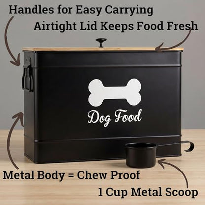 Metal Dog Food Container 15-20 lbs w/ Airtight Bamboo Lid, 70 Cup Capacity - color: Black