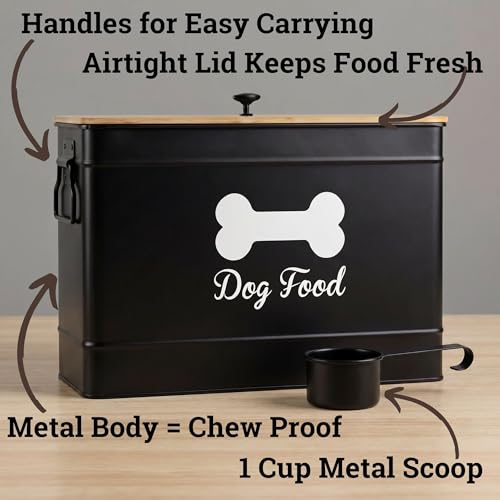 Metal Dog Food Container 15-20 lbs w/ Airtight Bamboo Lid, 70 Cup Capacity - color: Black
