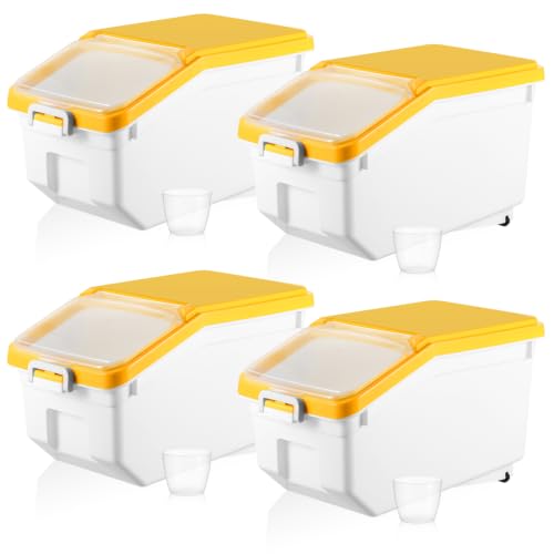 Sunnyray 4 Pcs Rice Storage Containers Bulk Flour Sugar Container Wheels Measuring Cups Set Airtight Pet Dog Cat Birds Food Bin Grain Cereal Organizer Box for Dry Baking(Yellow,22 lb) - color: Yellow, size: 22 lb