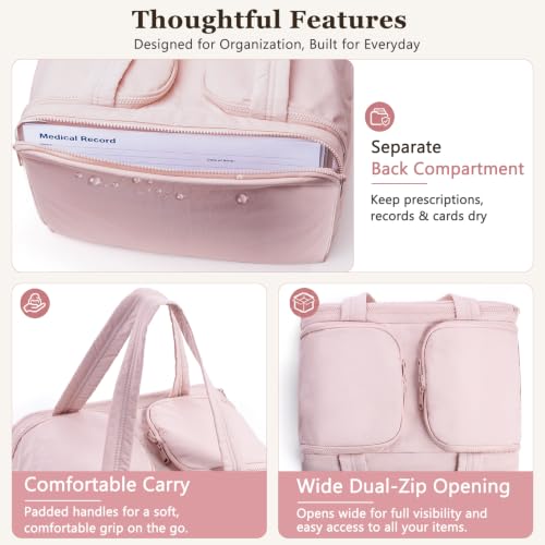 Travel Medicine Storage Bag with 2 Compartments, Wide-Mouth Medical Organizer, Puffy Lightweight First Aid Bag for Prescription Bottles, Pill Cases, Medical Supplies & Family Emergency Essentials - color: Pink