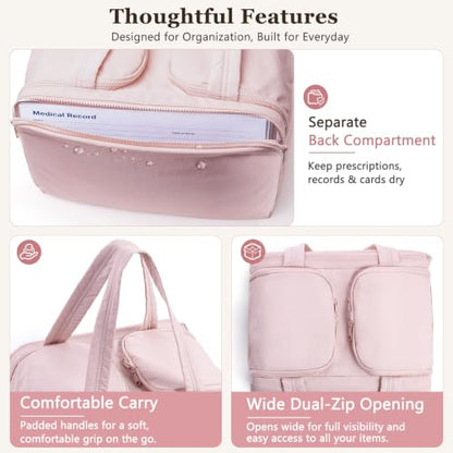 Travel Medicine Storage Bag with 2 Compartments, Wide-Mouth Medical Organizer, Puffy Lightweight First Aid Bag for Prescription Bottles, Pill Cases, Medical Supplies & Family Emergency Essentials - color: Pink