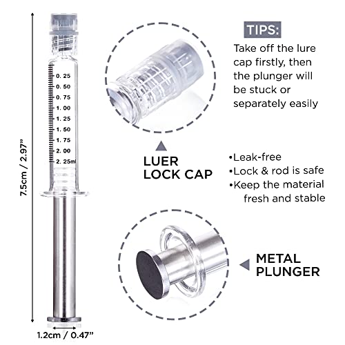2.25ML Borosilicate Glass Syringe with Silver Metal Plunger | 10 Pack | Anti-Leak Luer Lock Syringe without Needle | Accurate Measuring for Liquid, Glue, Oil w/ Borosilicate Glass Tube