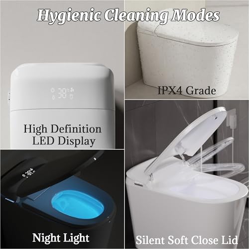 Smart Bidet Toilet with Tank Foam Shield Dual Auto Flush/Lid&Seat | Foot Sensor UV-C light Electric Modern One Piece Toilet for Bathroom with Siphon Dual Flush 0.8/1.2 GPF MAP 1000g - color: Snow White