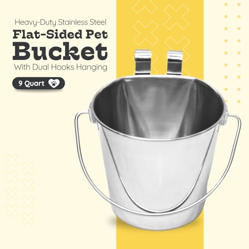 9 quart Stainless Steel Flat Sided Bucket with Dual Hooks | 2.25 gal Food & Water Bowl for XL Dog Goat Sheep Cattle Horse & Livestock | Fits kennel Crate Cages Farm | Hanging Utility Pail - size: 9 Quart