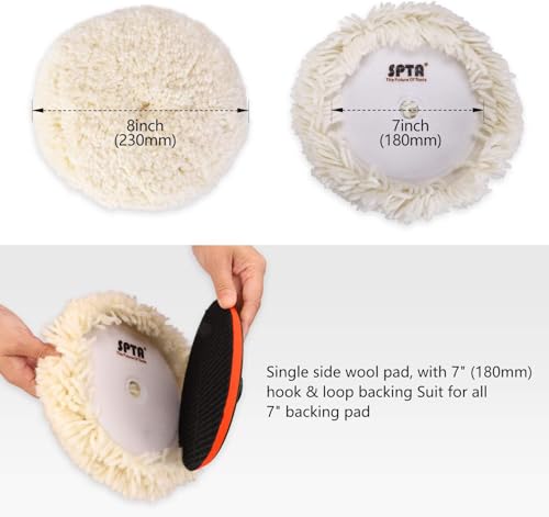 SPTA Wool Polishing Pads, 8"(200mm) 100% Natural Wool Buffing Pad with Hook & Loop Backing 4pcs Set Come with 5/8-11 Thread Backing Plate for Car Polishing, Buffing and Cutting - size: 8inch (200mm) Sets