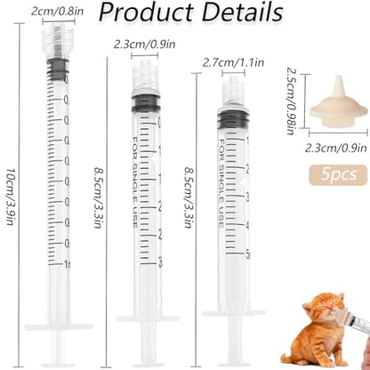Pet Feeder Syringe, Newborn Animal Feeder Syringe Individually Wrapped, 1ML/3ML/5ML Pet Feeding Nursing Syringe with 5 Nipple, Silicone Pet Feeding Nipple for Kitten Puppy and Small Animals