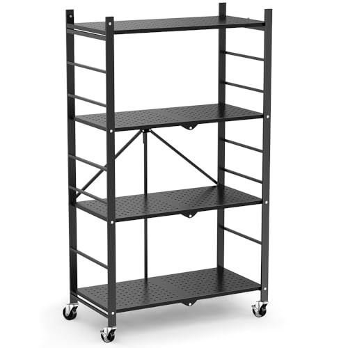 Himix 4-Tier Foldable Storage Shelf with Wheels 20 Hooks Black No Assembly - color: Black, size: 4-Tier