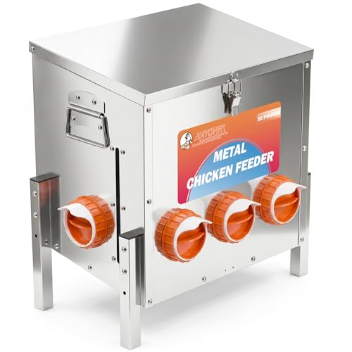 55LBS Automatic Chicken Feeder No Waste 5 Ports Metal Poultry Feeder with Adjustable Legs Perspective Window Latch & Handle for Chickens Bantams Pheasants - size: 5 Ports - 55 LBS with Legs