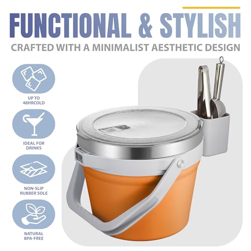COKTIK 7L Vacuum Insulated Ice Bucket with Lid and Scoop& Tongs，Large capacity Stainless Steel Beverage Bucket for Cocktail, Champagne, Wine, Beer，Large Parties（Orange Suit） - color: Orange Suit