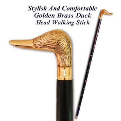 Vintage Antique Walking Cane Black Wooden Walking Stick with Golden Brass Designer Duck Handle Wooden Walking Cane for Men & Women, Fancy Canes, Ideal Gift